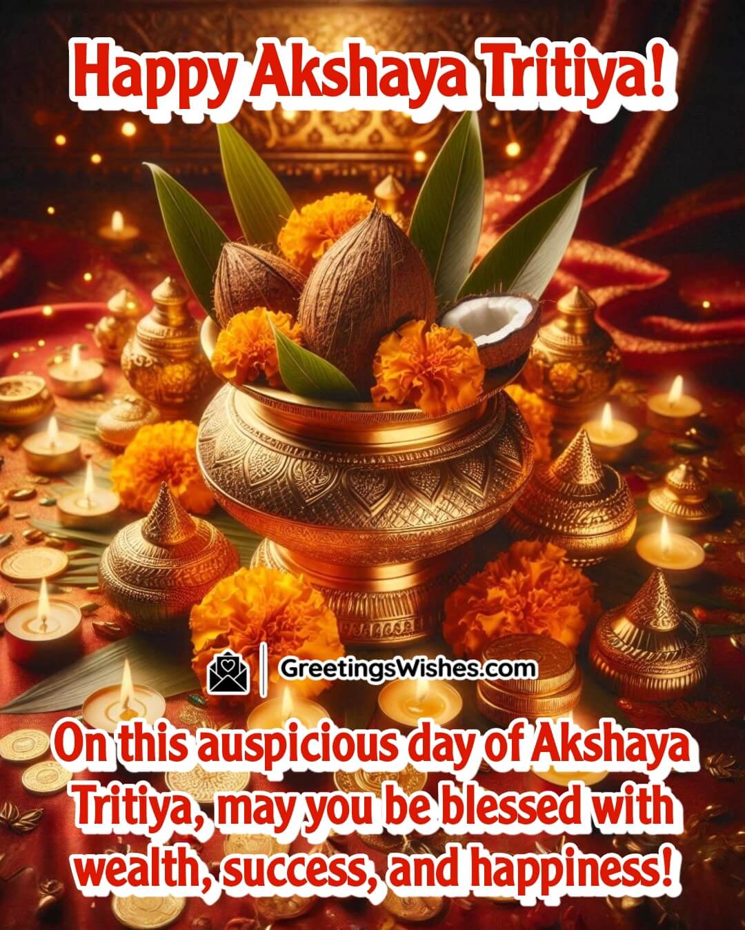 Akshaya Tritiya image with traditional kalash and gold, symbolizing wealth and happiness.